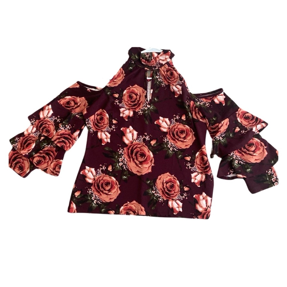 Cold Shoulder Women’s Floral Tiered Sleeve Halter Neck Top. Spring and Fall